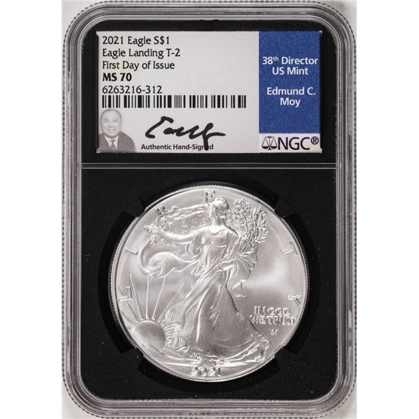 2021 Type 2 $1 American Silver Eagle Coin NGC MS70 FDOI Edmund Moy Signature
