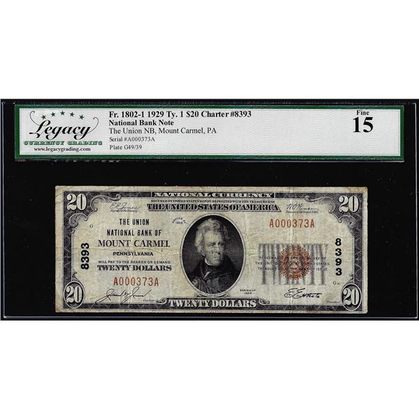 1929 $20 Union NB Mount Carmel, PA CH# 8393 National Currency Note Legacy Fine 15