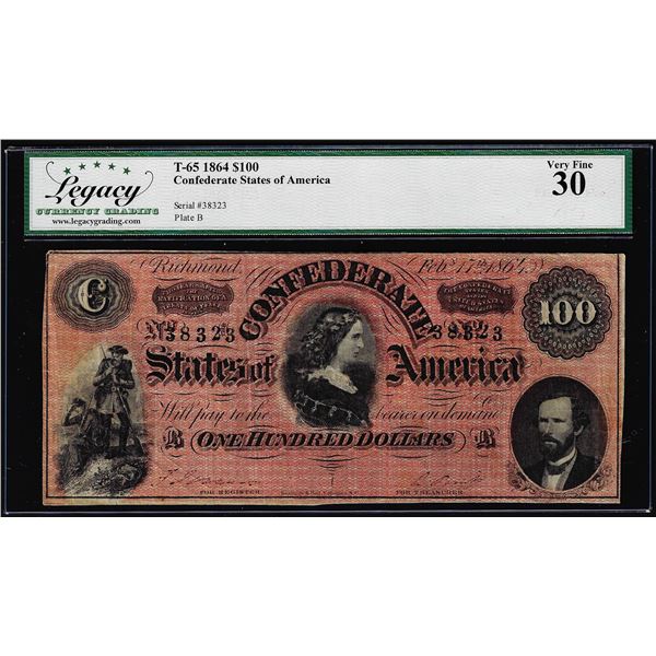 1864 $100 Confederate States of America Note T-65 Legacy Very Fine 30