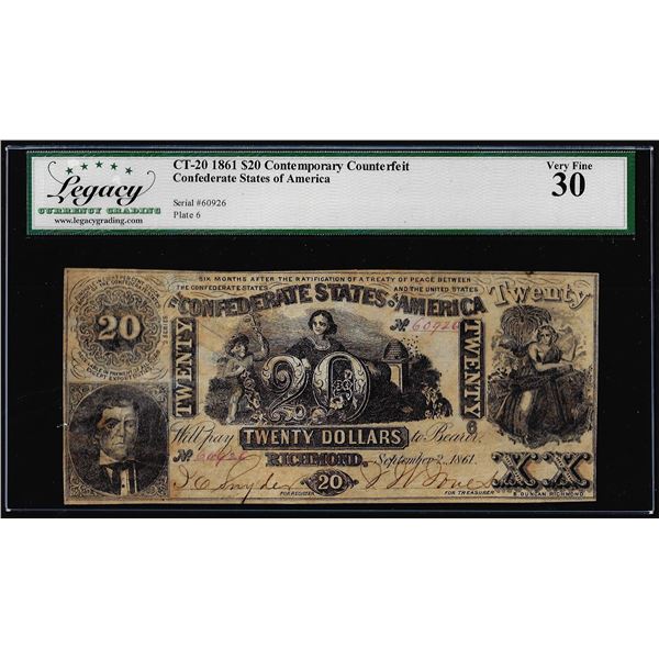 1861 $20 Contemporary Counterfeit Confederate States Note CT-20 Legacy Very Fine 30