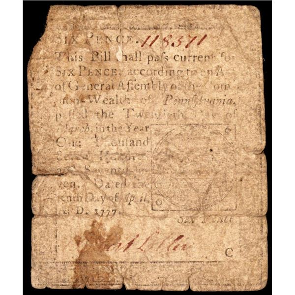 April 10, 1777 Pennsylvania Six Pence Colonial Currency Note