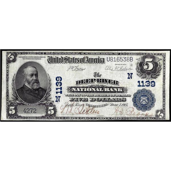 1902 $5 National Bank Deep River, Connecticut CH# 1139 National Currency Note
