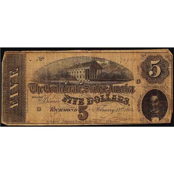 1864 $5 Confederate States of America Note