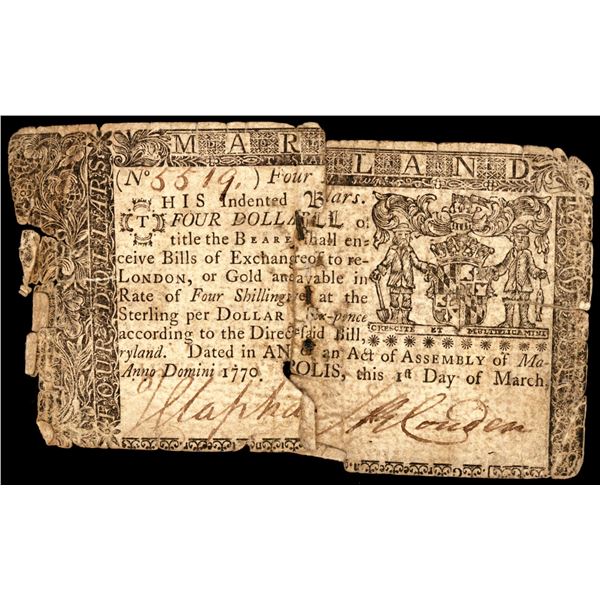 March 1, 1770 Maryland $4 Colonial Currency Note