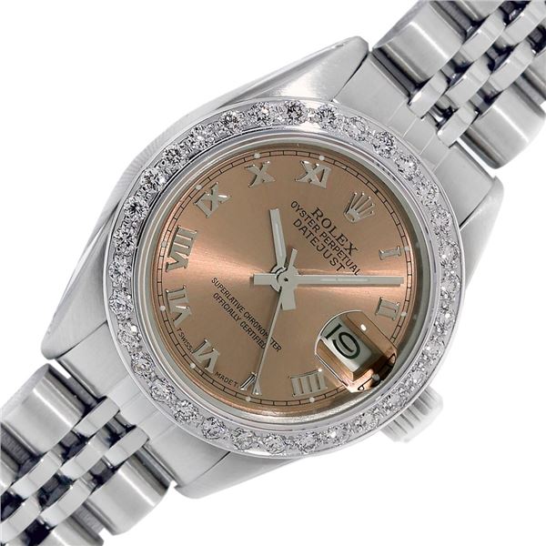 Rolex Ladies Stainless Steel Salmon Roman Diamond Datejust With Rolex Box