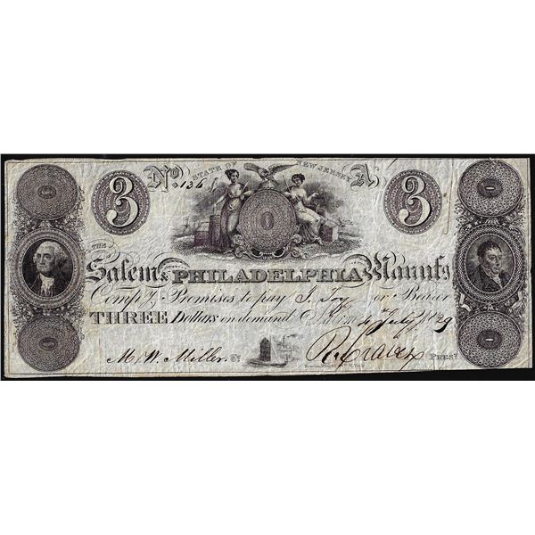 1829 $3 Salem & Philadelphia Manufacturing Compy Salem, NJ Obsolete Note