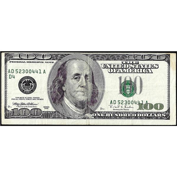 1996 $100 Federal Reserve Note Misaligned Overprint Error