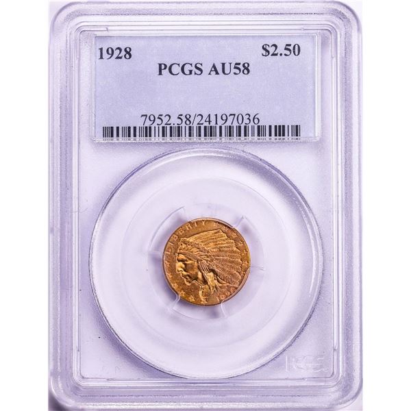 1928 $2 1/2 Indian Head Quarter Eagle Gold Coin PCGS AU58