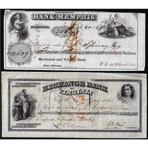 Lot of (2) 1862 Exchange Bank of Virginia & Bank of Memphis Obsolete Checks
