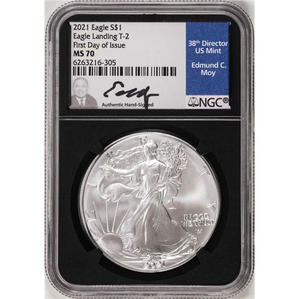 2021 Type 2 $1 American Silver Eagle Coin NGC MS70 FDOI Edmund Moy Signature