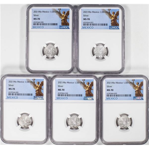 Lot of (5) 2021-Mo Mexico 1/20 oz Silver Libertad Coins NGC MS70