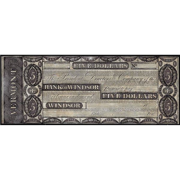 1800's $5 Bank of Windsor Vermont Obsolete Note