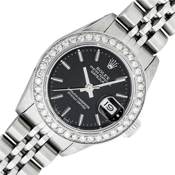 Rolex Ladies Stainless Steel Black Index Diamond Datejust Wristwatch