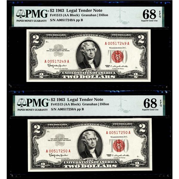 (2) Consecutive 1963 $2 Legal Tender Notes Fr.1513 PMG Superb Gem Uncirculated 68EPQ