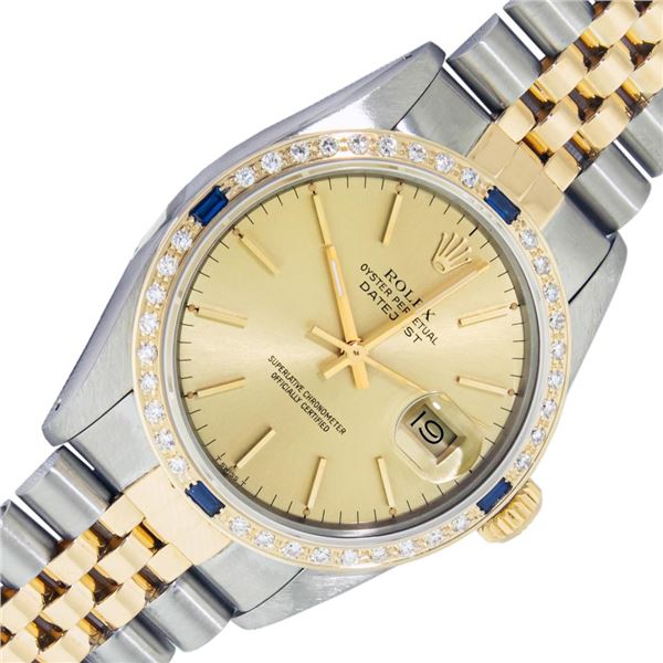 Rolex Mens Two Tone Champagne Index Sapphire and Diamond Datejust Wristwatch