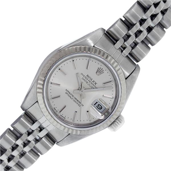 Rolex Ladies Stainless Steel Factory Silver Index Datejust Wristwatch With Rolex Box