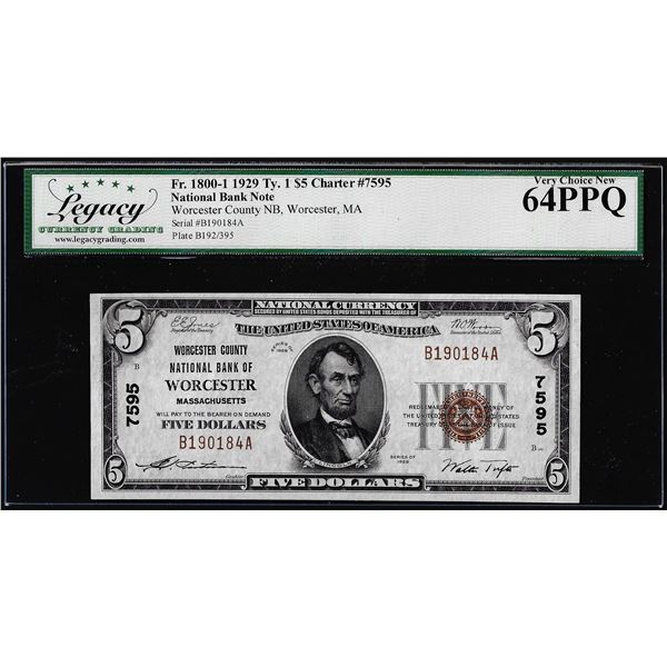 1929 $5 NB Worcester, MA CH# 7595 National Currency Note Legacy Very Choice New 64PPQ