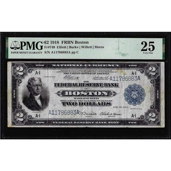 1918 $2 Battleship Federal Reserve Bank Note Boston Fr.749 PMG Very Fine 25