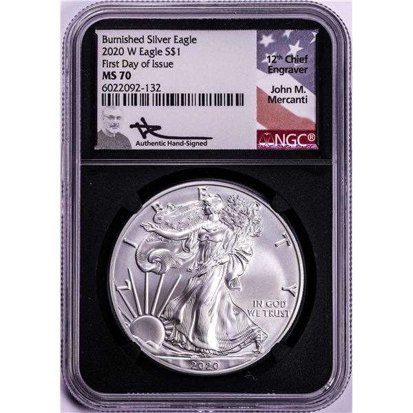 2020-W $1 Burnished American Silver Eagle Coin NGC MS70 Mercanti Signature