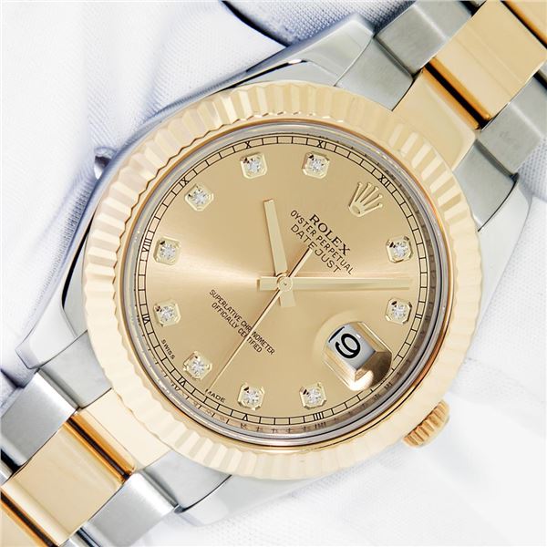 Rolex Mens Two Tone Factory Champagne Diamond Datejust Wristwatch
