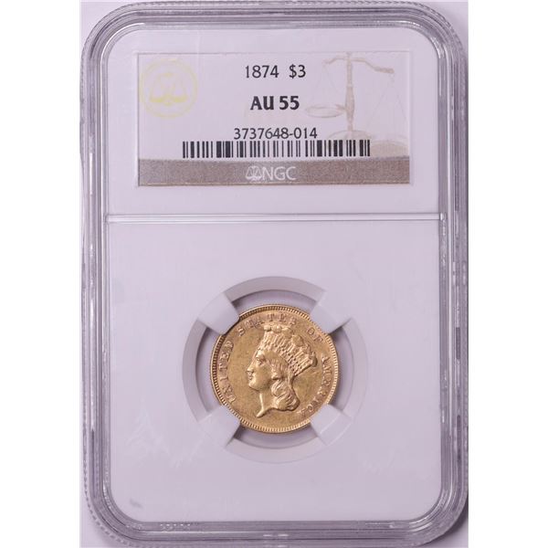 1874 $3 Indian Princess Head Gold Coin NGC AU55