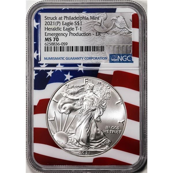 2021(P) Type 1 $1 American Silver Eagle Coin NGC MS70 ER Philadelphia Emergency Issue