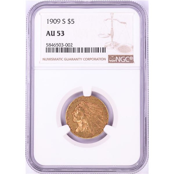 1909-S $5 Indian Head Half Eagle Gold Coin NGC AU53