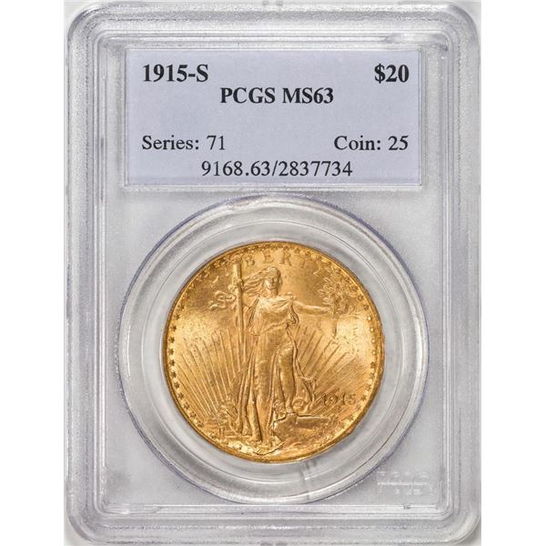 1915-S $20 St. Gaudens Double Eagle Gold Coin PCGS MS63