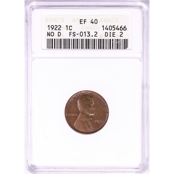 1922 No D Lincoln Wheat Cent Coin ANACS EF40 FS-013.2 Die 2