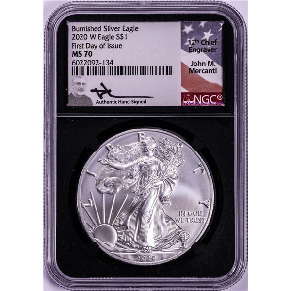 2020-W $1 Burnished American Silver Eagle Coin NGC MS70 Mercanti Signature