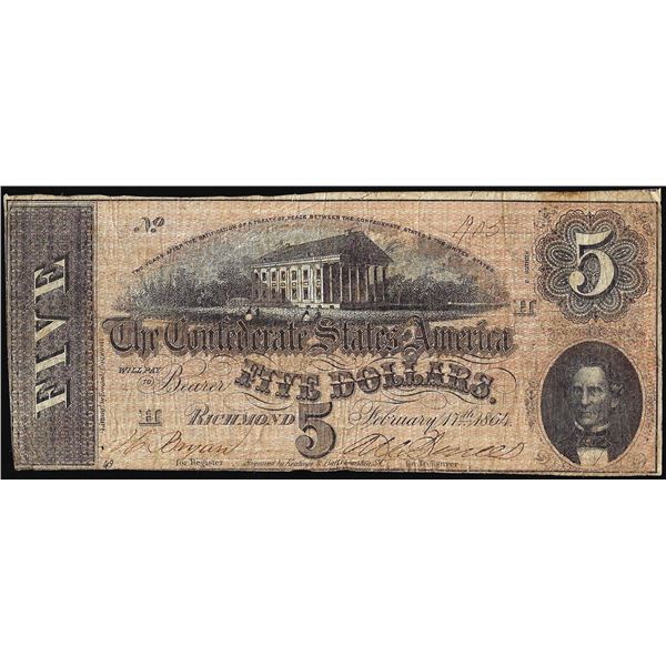 1864 $5 Confederate States of America Note