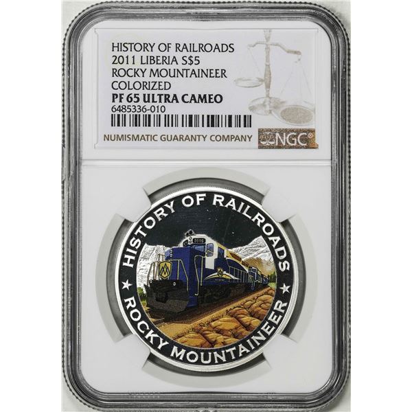 2011 Liberia $5 History of Railroads Rocky Mountaineer Coin NGC PF65 Ultra Cameo