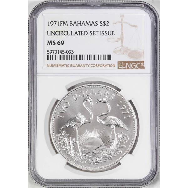 1971FM Bahamas $2 Two Flamingos Uncirculated Set Issue Silver Coin NGC MS69