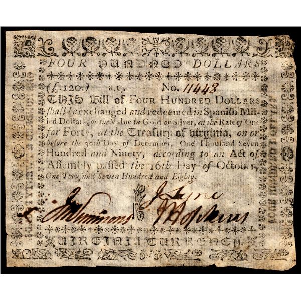 October 16, 1780 Virginia $400 Colonial Currency Note