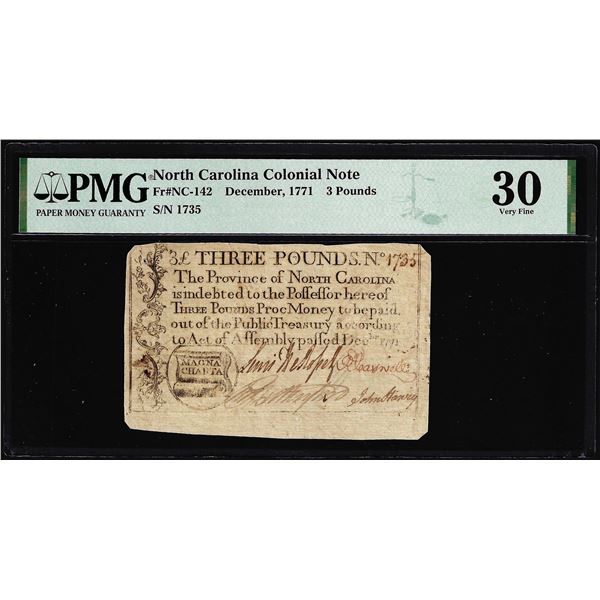 1771 North Carolina 3 Pounds Colonial Note NC-142 PMG Very Fine 30 Magna Charta