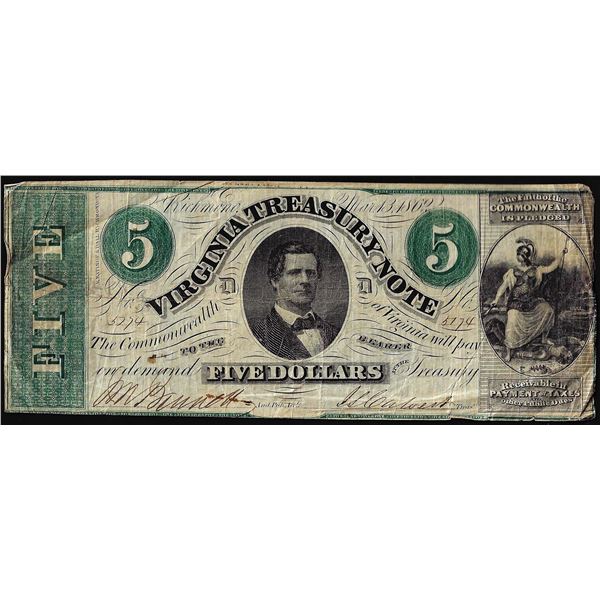 1862 $5 Virginia Treasury Note Obsolete Note