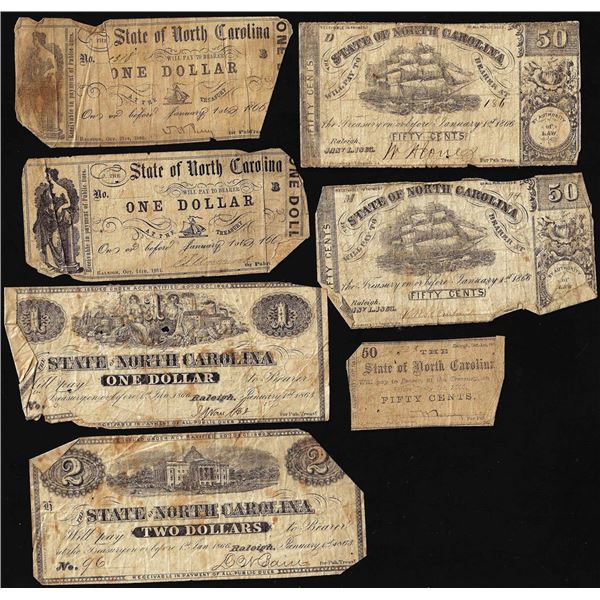 Lot of (7 ) Miscellaneous 1863-1866 The State of North Carolina, Raleigh Obsolete Notes