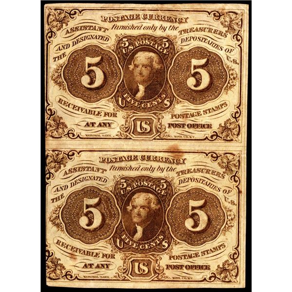 Uncut Sheet of (2) July 17, 1862 First Issue Five Cents Fractional Currency Notes