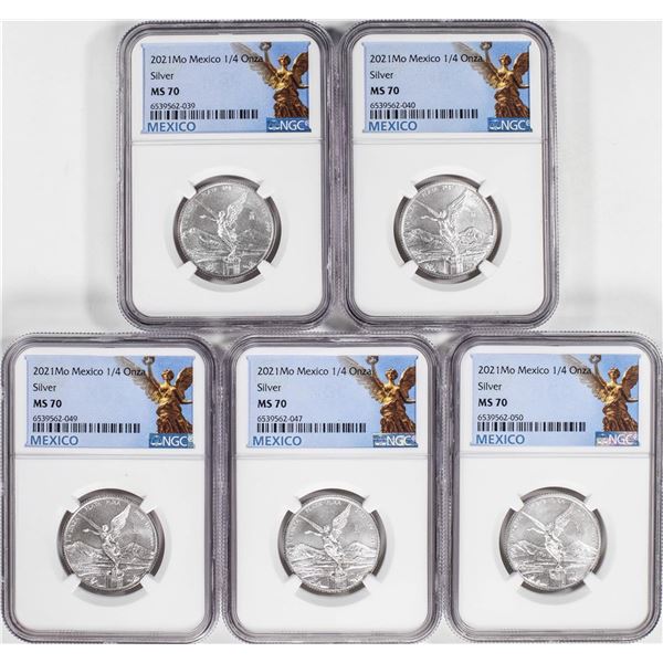 Lot of (5) 2021-Mo Mexico 1/4 oz Silver Libertad Coins NGC MS70