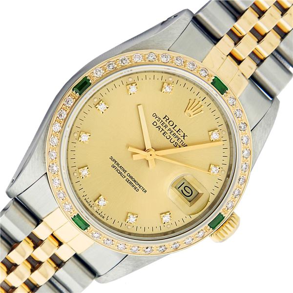 Rolex Mens Two Tone Champagne Emerald and Diamond Datejust Wristwatch