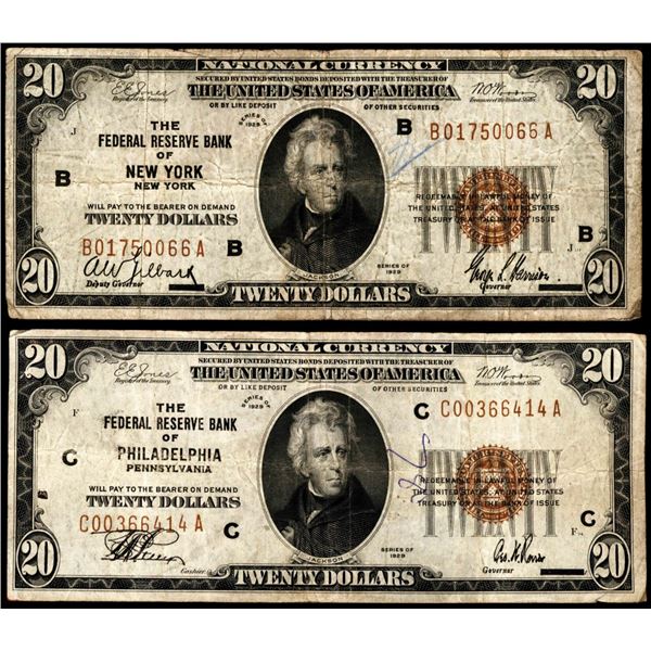 Lot of (2) 1929 $20 Federal Reserve Bank Notes