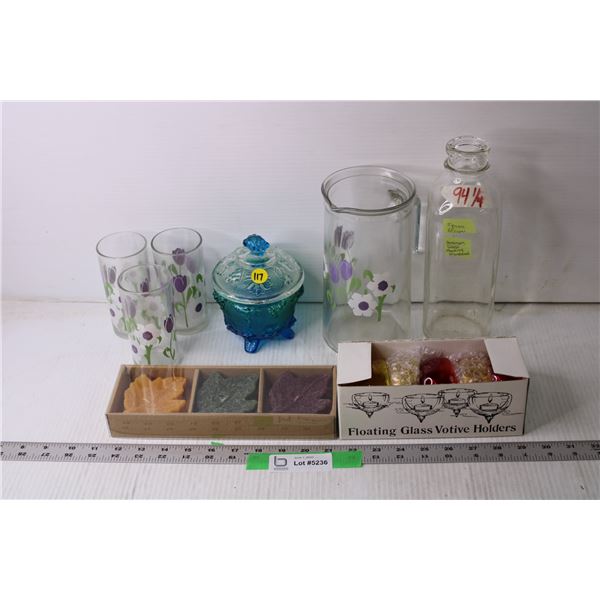 Lot of Assorted Items - Pitcher and Glasses, Trinket Dish, Misc.