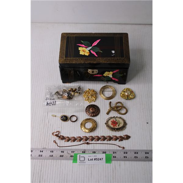 Jewelry Music Box with Brooches and Misc.