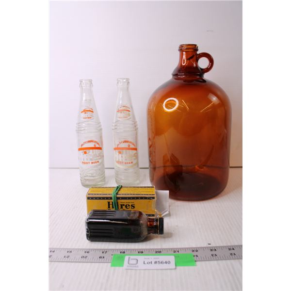 Large Glass Jar and Hires Root Beer Bottles