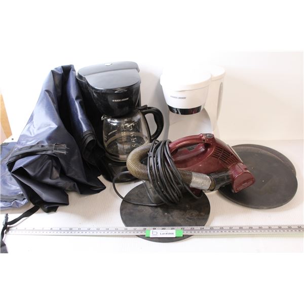 (2) Black & Decker Coffee Machines (one pot) -Shark Vacuum - (4) Round Wooden Disks - Truck Grill Co