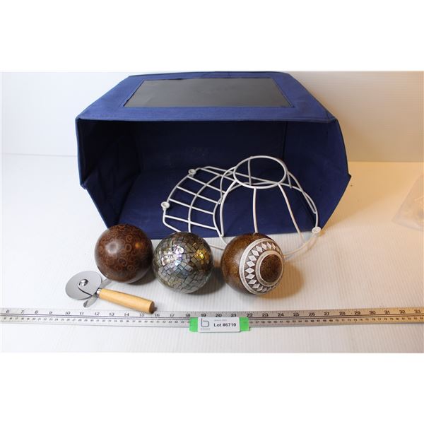 Cloth Basket - (2) Wooden Balls - Inlaid Ball - Pizza Cutter - Hat Form