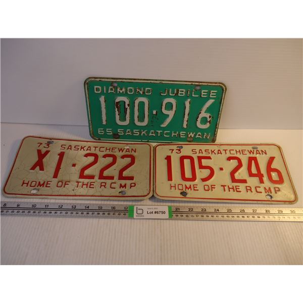 (2) 1973 Saskatchewan License Plates and (1) 1965 Sask. License Plate