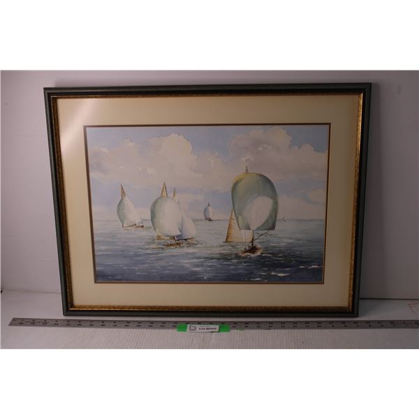 Framed Watercolour of Ocean Scene and Boats - 19" x 25"