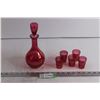 Image 1 : Vintage Red Glass Decanter with (5) Shot Glasses