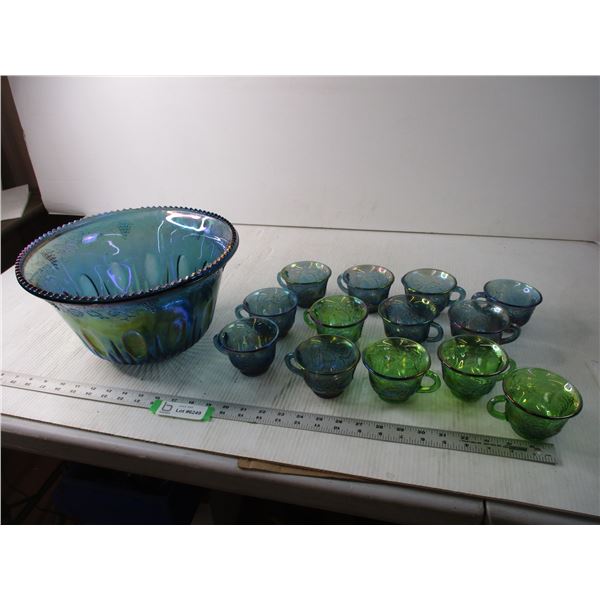 Punch Bowl 13 Cups Colored Glass